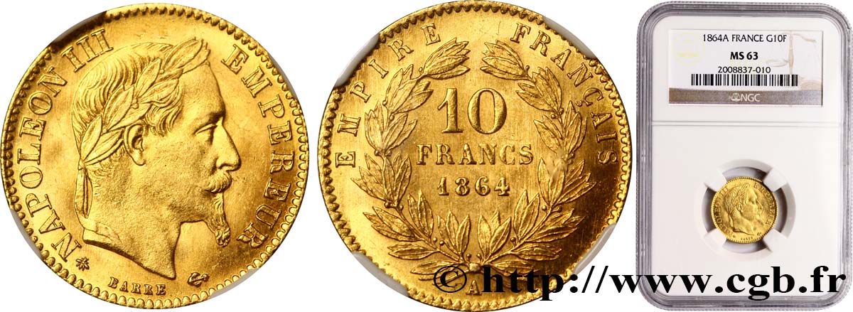 10 francs or Napoléon III, tête laurée 1864 Paris F.507A/6 SC63 NGC