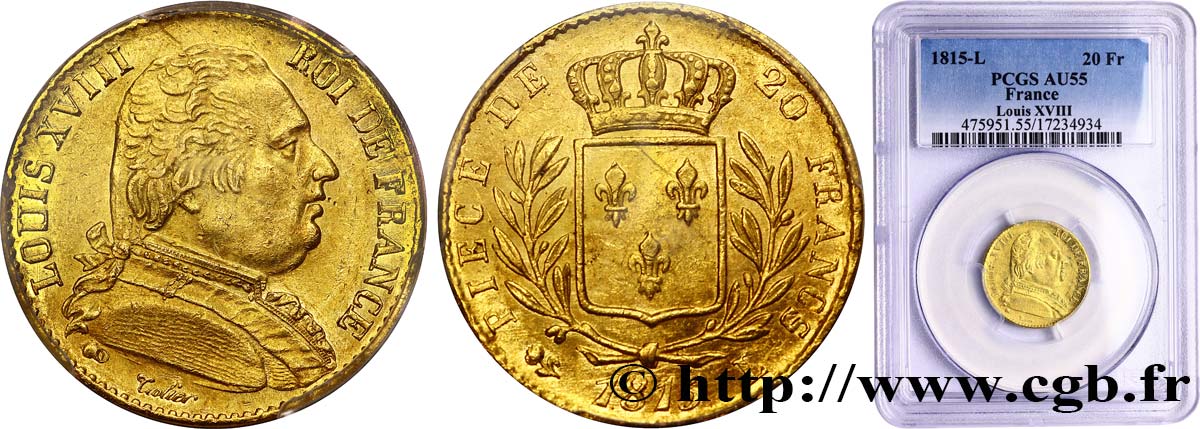20 francs or Louis XVIII, buste habillé - PCGS AU 55 1815 Bayonne F.517/14 AU53 