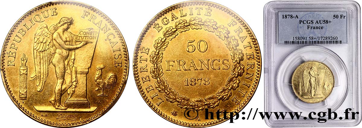 50 francs or Génie 1878 Paris F.549/1 AU58 PCGS
