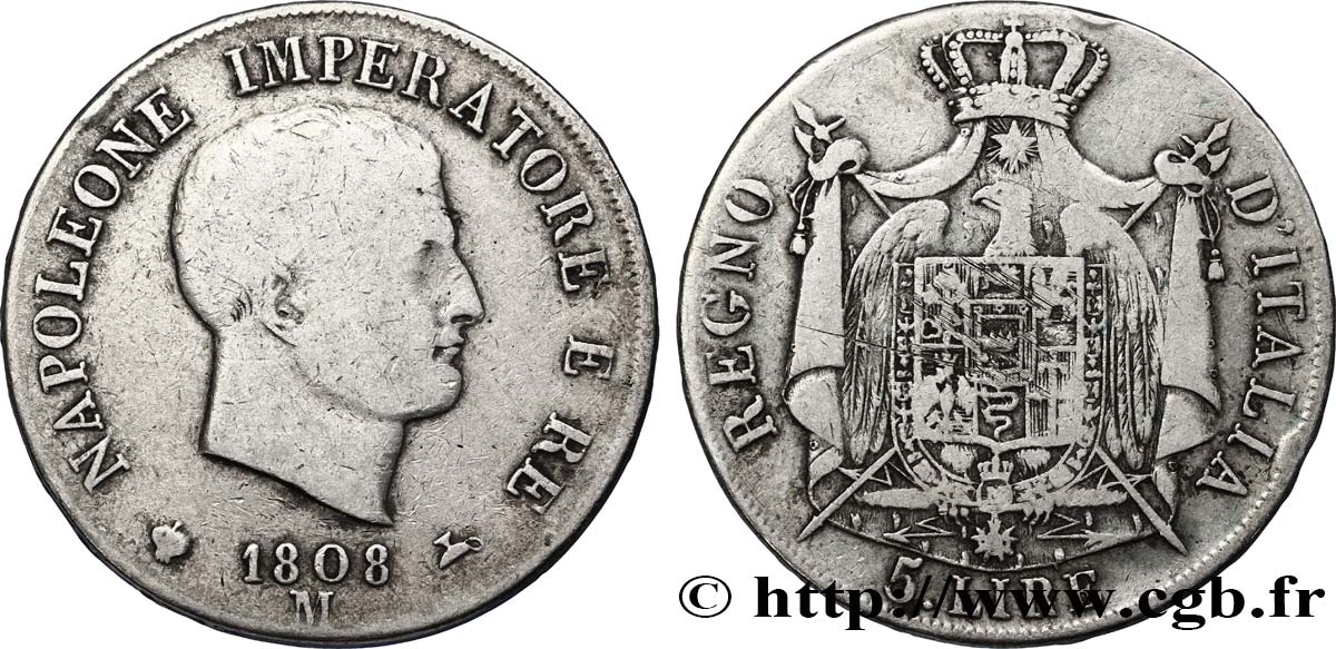 5 lire Napoléon Empereur et Roi d’Italie, 1er type, tranche en relief 1808 Milan M.218  BC15 