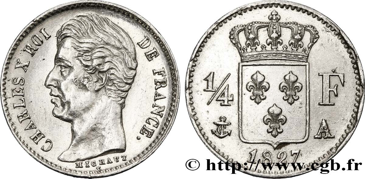 1/4 franc Charles X 1827 Paris F.164/10 AU 