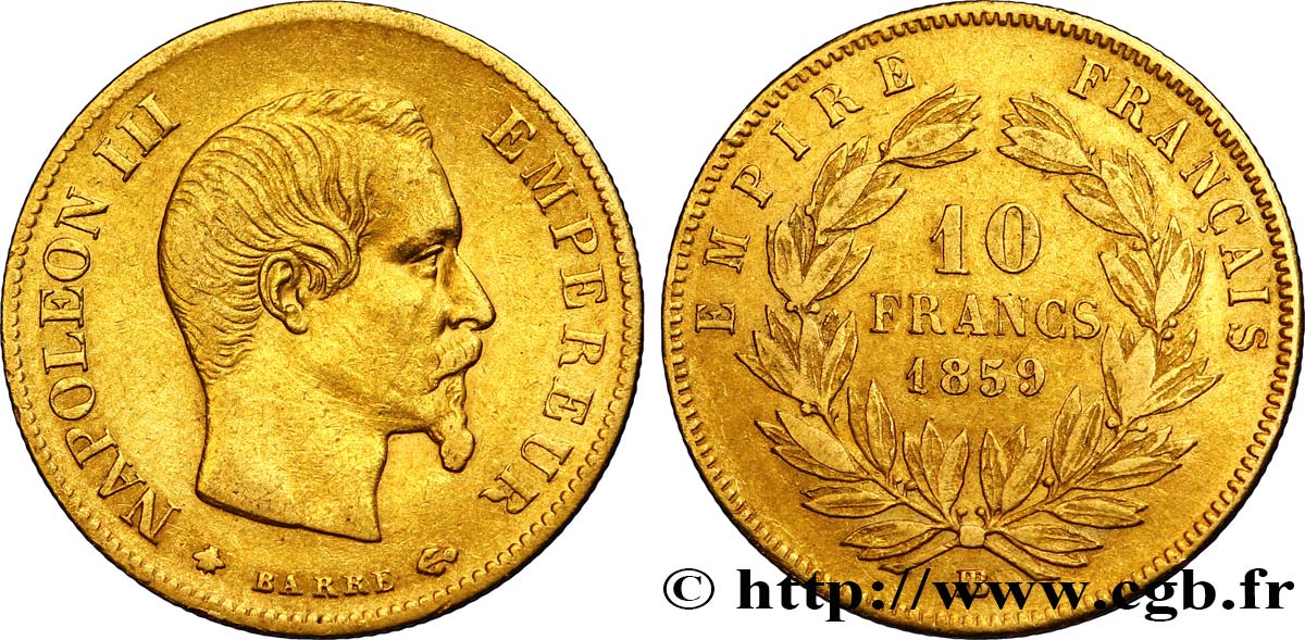 10 francs or Napoléon III, tête nue, grand module 1859 Strasbourg F.506/8 MBC45 