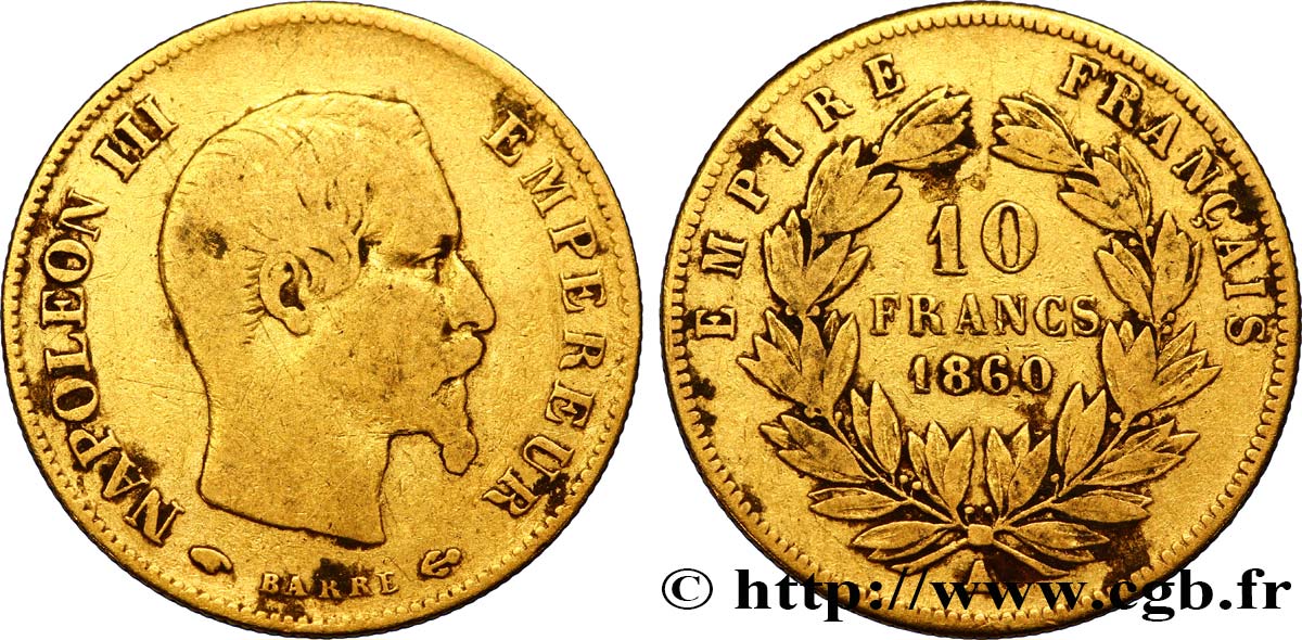 10 francs or Napoléon III, tête nue 1860 Paris F.506/9 VF25 