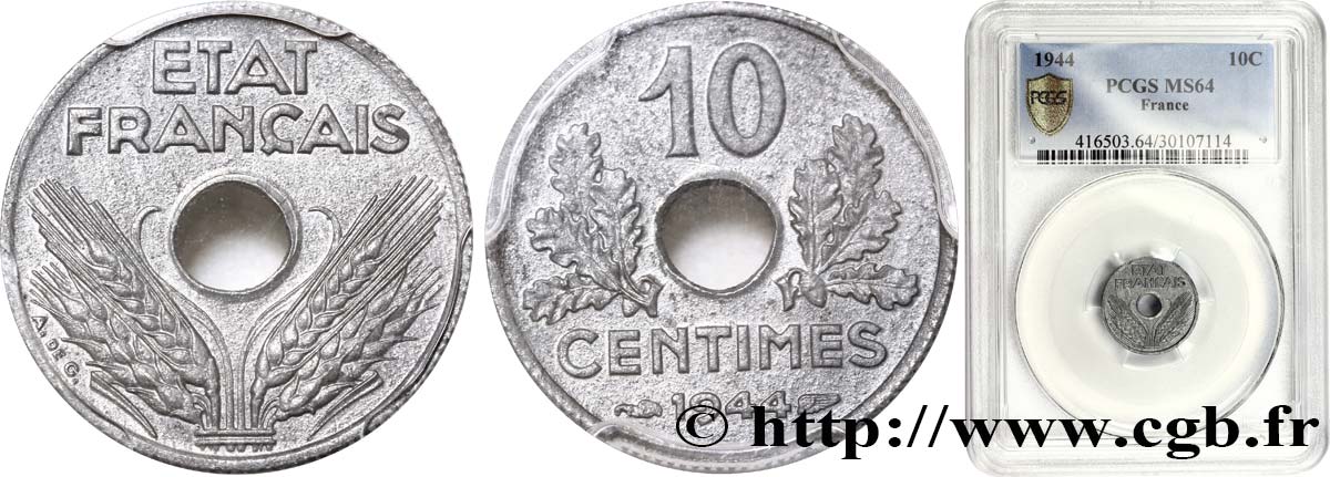 10 centimes État français, petit module 1944  F.142/3 MS63 