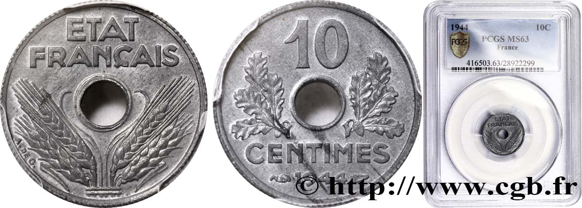 10 centimes État français, petit module 1944  F.142/3 SPL62 