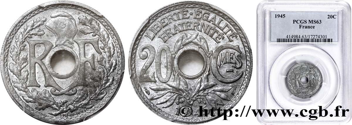 20 centimes Lindauer Zinc 1945  F.155/2 SPL63 PCGS