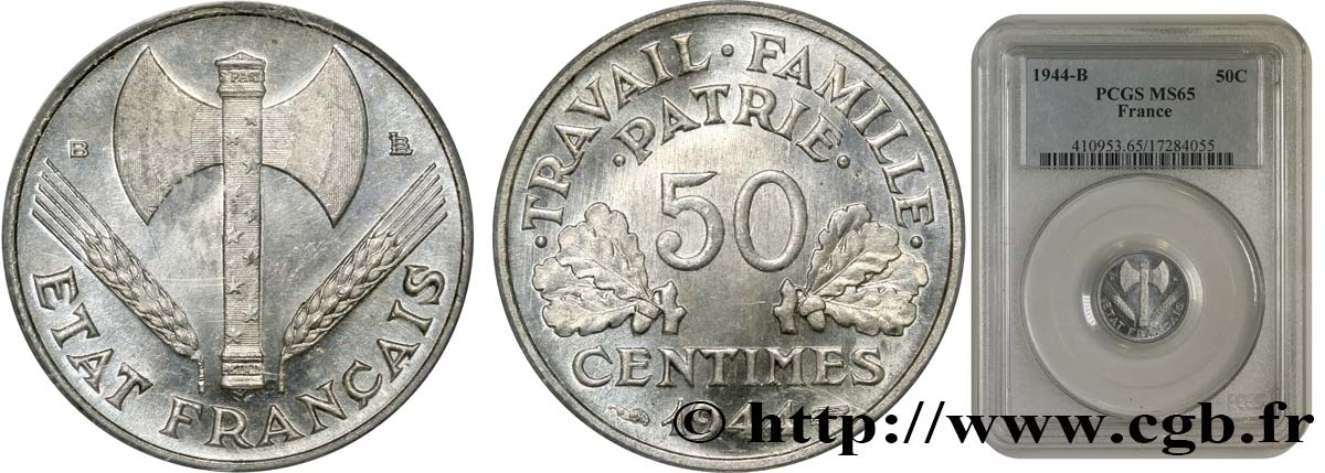50 centimes Francisque, légère 1944 Beaumont-Le-Roger F.196/5 FDC65 PCGS