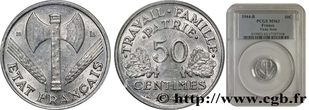 50 centimes Francisque, légère 1944 Beaumont-Le-Roger F.196/5 MS62