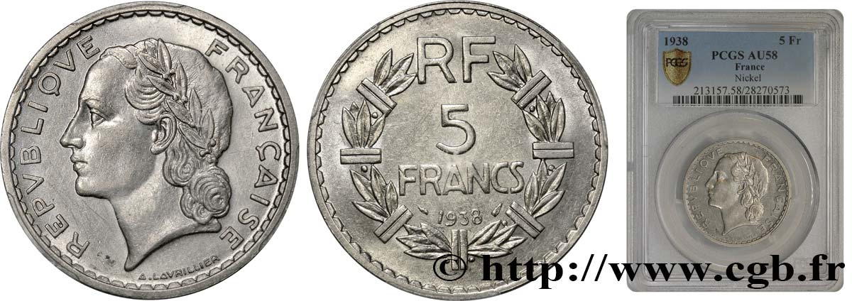5 francs Lavrillier, nickel 1938  F.336/7 SUP58 PCGS