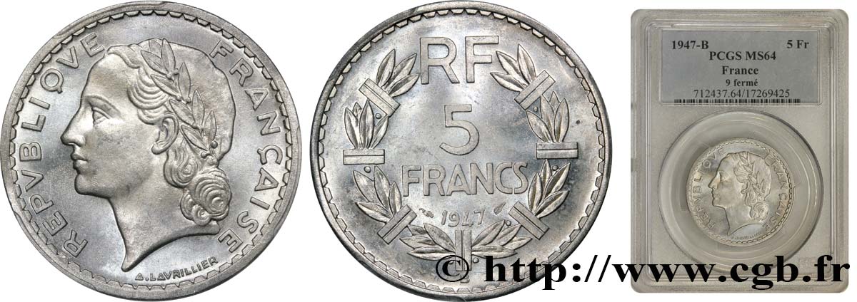 5 francs Lavrillier, aluminium 1947 Beaumont-Le-Roger F.339/12 MS64 