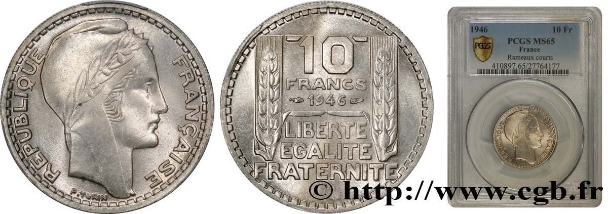 10 francs Turin, grosse tête, rameaux courts 1946  F.361A/2 MS65 PCGS