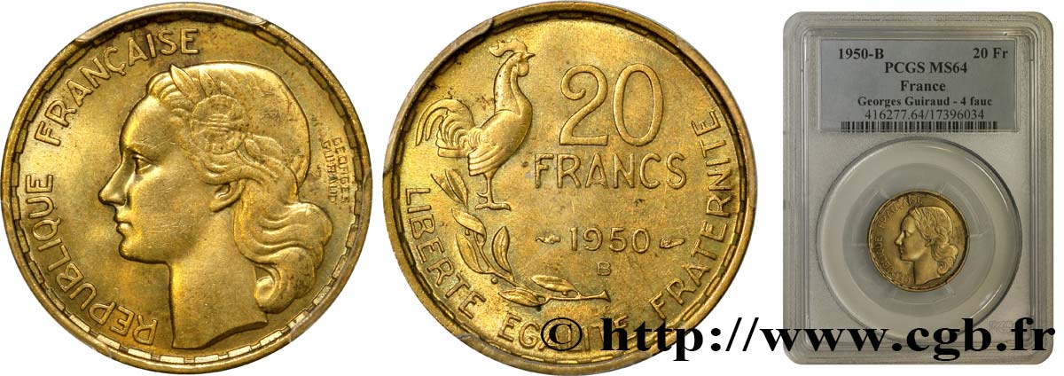 20 francs Georges Guiraud, 4 faucilles 1950 Beaumont-Le-Roger F.401/3 SC64 PCGS