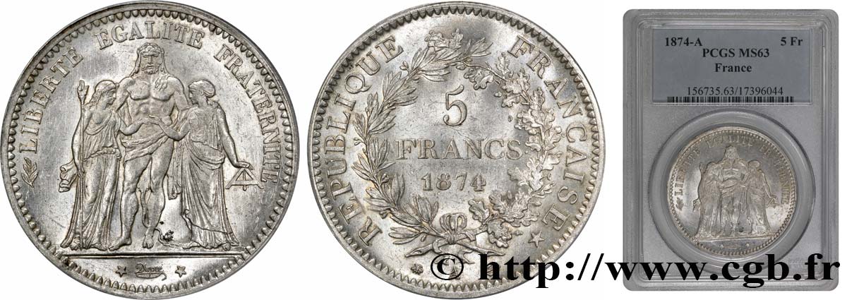 5 francs Hercule 1874 Paris F.334/12 MS60 