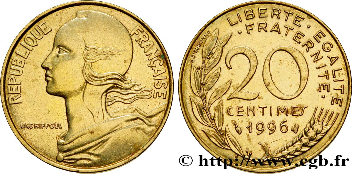 20 centimes Marianne, frappe médaille 1996 Pessac F.156/40 var. BB52 