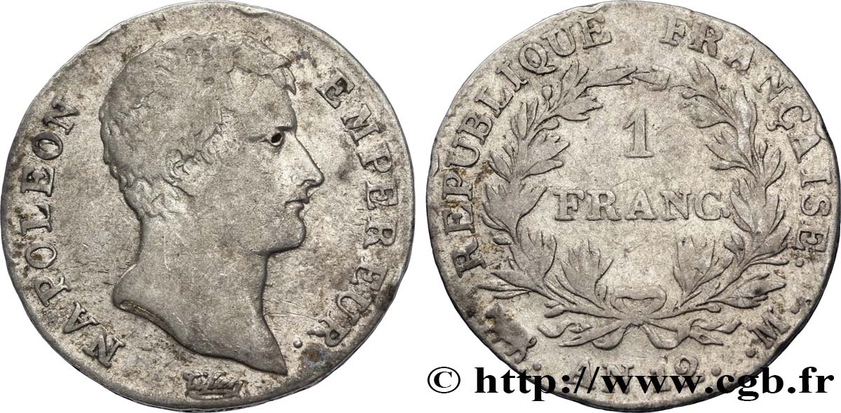 1 franc Napoléon Empereur, Calendrier révolutionnaire 1804 Toulouse F.201/8 VF30 