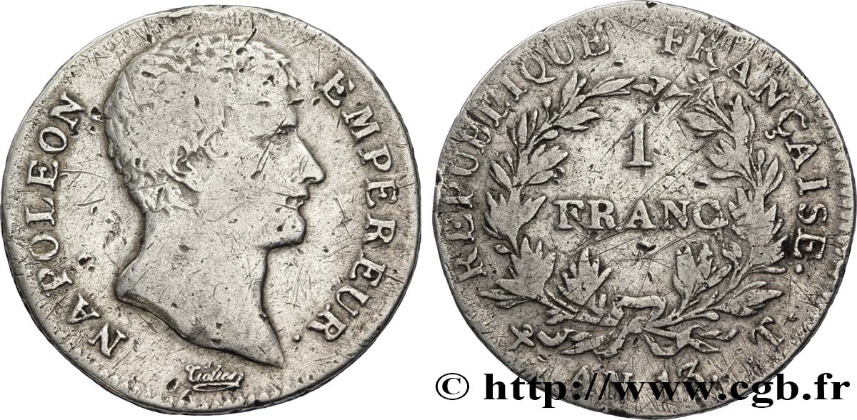 1 franc Napoléon Empereur, Calendrier révolutionnaire 1805 Nantes F.201/26 TB20 