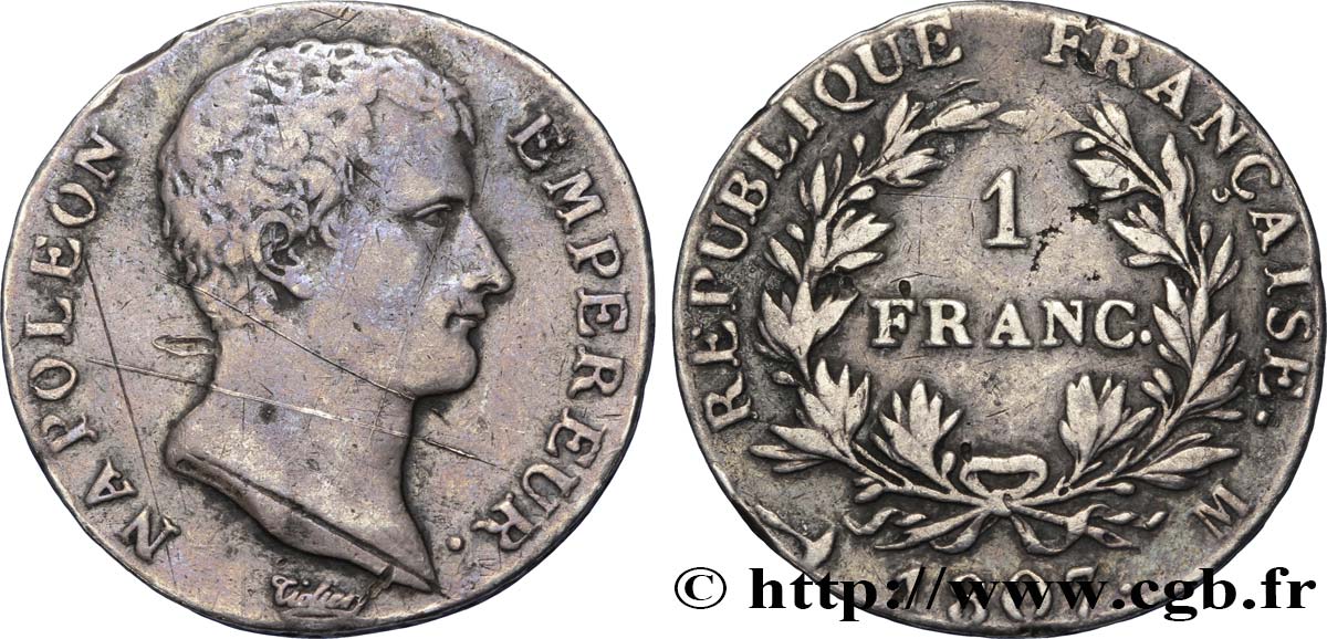 1 franc Napoléon Empereur, Calendrier grégorien 1807 Toulouse F.202/15 TB30 