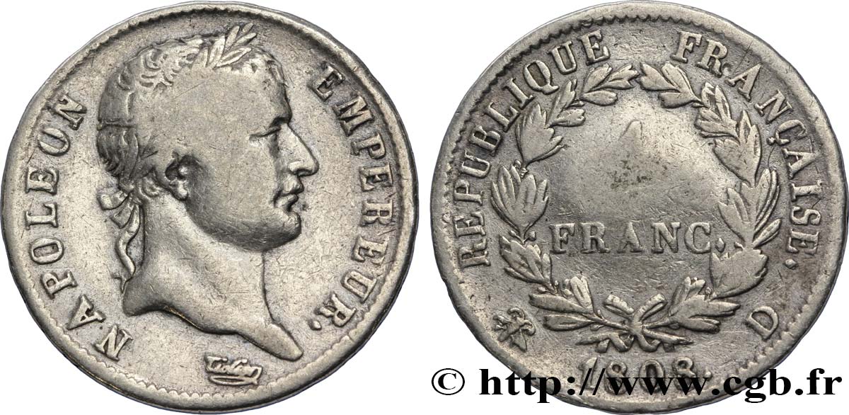 1 franc Napoléon Ier tête laurée, République française 1808 Lyon F.204/5 S25 