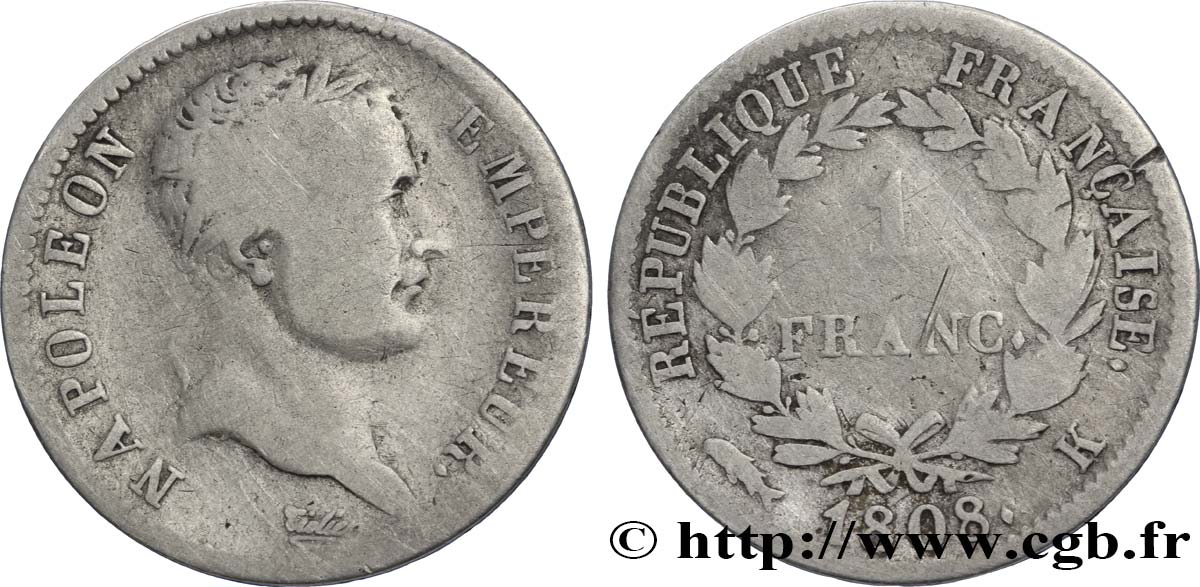 1 franc Napoléon Ier tête laurée, République française 1808 Bordeaux F.204/8 TB18 