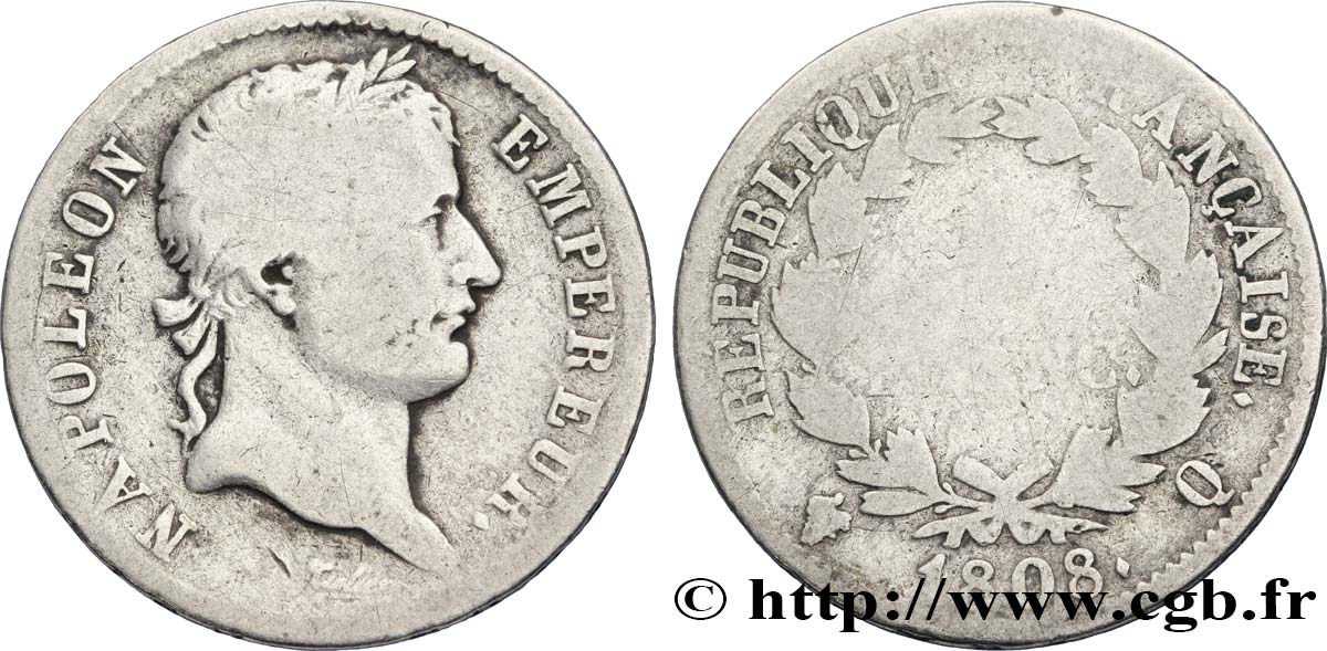 1 franc Napoléon Ier tête laurée, République française 1808 Perpignan F.204/12 VG8 