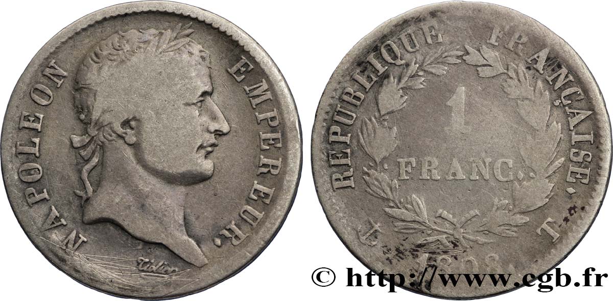 1 franc Napoléon Ier tête laurée, République française 1808 Nantes F.204/13 TB18 
