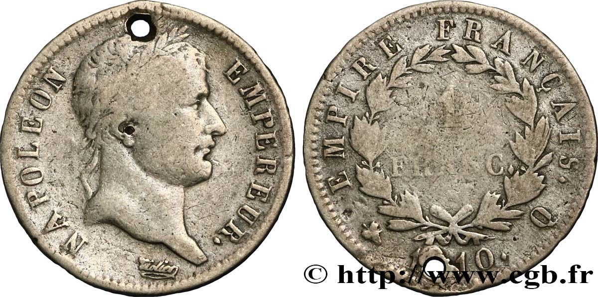 1 franc Napoléon Ier tête laurée, Empire français 1810 Perpignan F.205/25 VG 