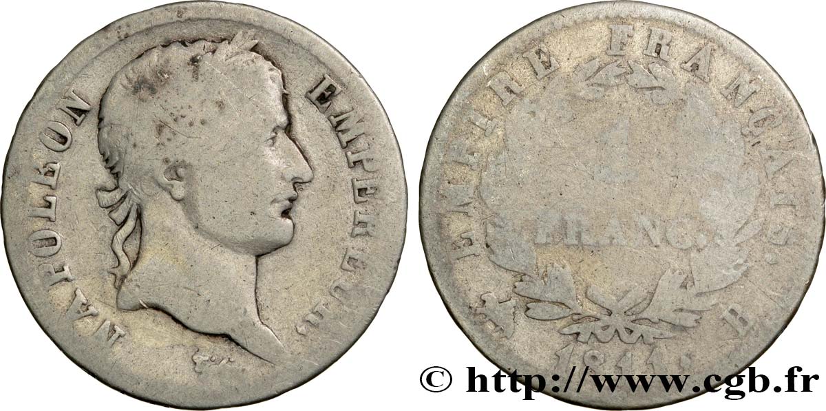 1 franc Napoléon Ier tête laurée, Empire français 1811 Rouen F.205/29 B6 
