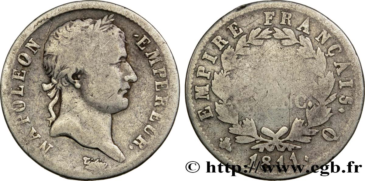 1 franc Napoléon Ier tête laurée, Empire français 1811 Perpignan F.205/38 RC8 