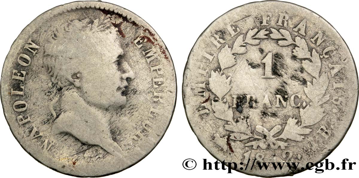 1 franc Napoléon Ier tête laurée, Empire français 1812 Rouen F.205/43 B10 