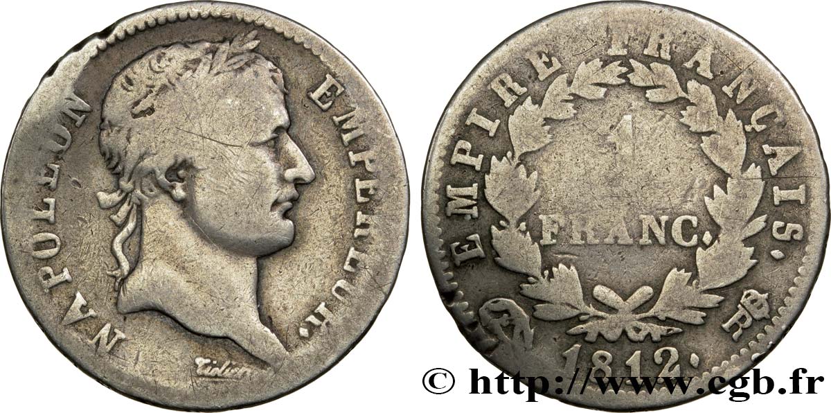 1 franc Napoléon Ier tête laurée, Empire français 1812 Rome F.205/53 B12 