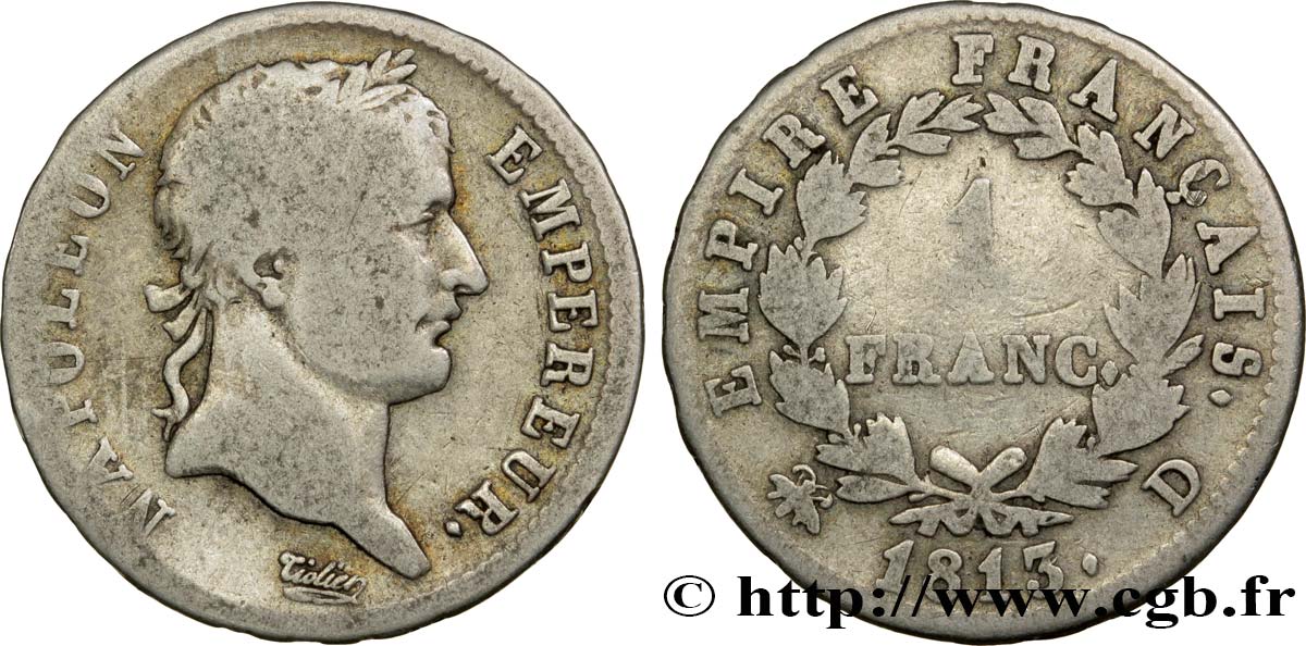 1 franc Napoléon Ier tête laurée, Empire français 1813 Lyon F.205/61 BC15 