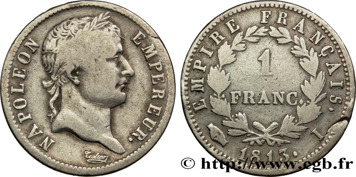 1 franc Napoléon Ier tête laurée, Empire français 1813 Limoges F.205/63 VF22 