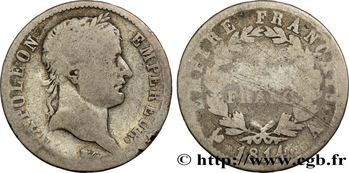 1 franc Napoléon Ier tête laurée, Empire français 1814 Paris F.205/74 RC10 