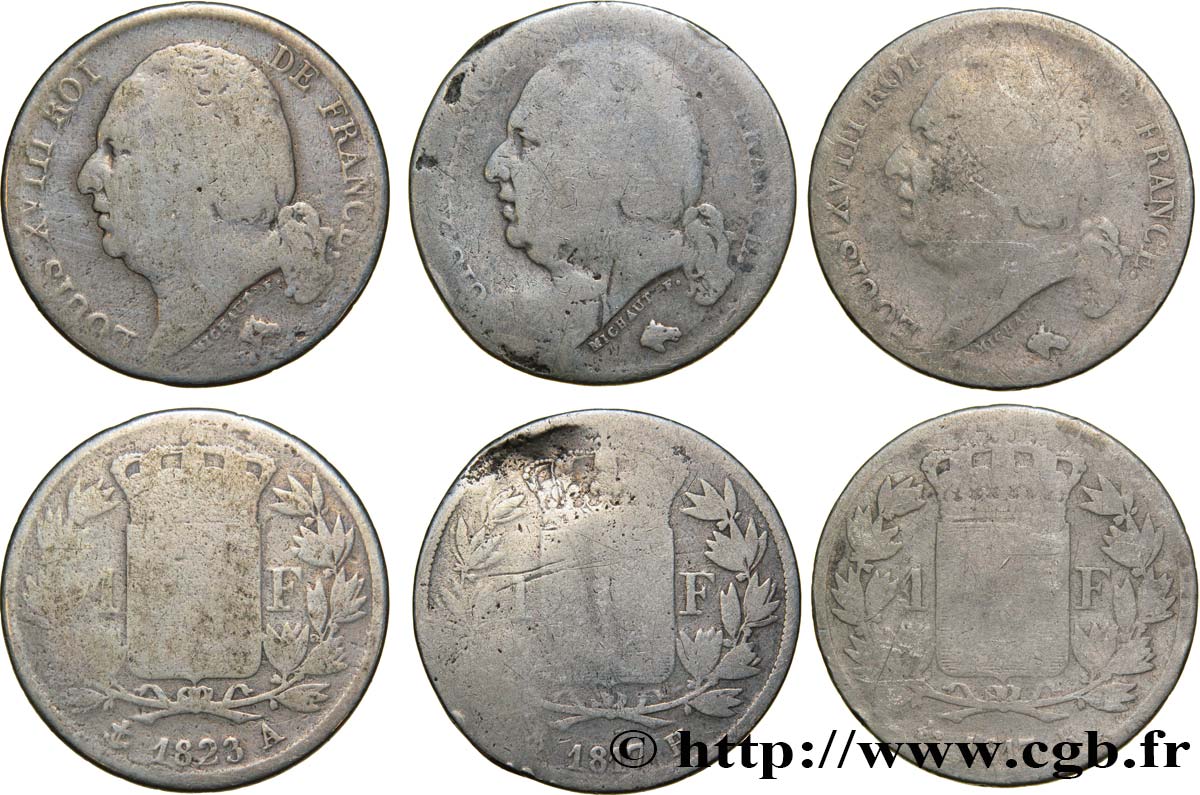 Lot de trois pièces de 1 franc Louis XVIII n.d. n.l. F.206/- AB/B 
