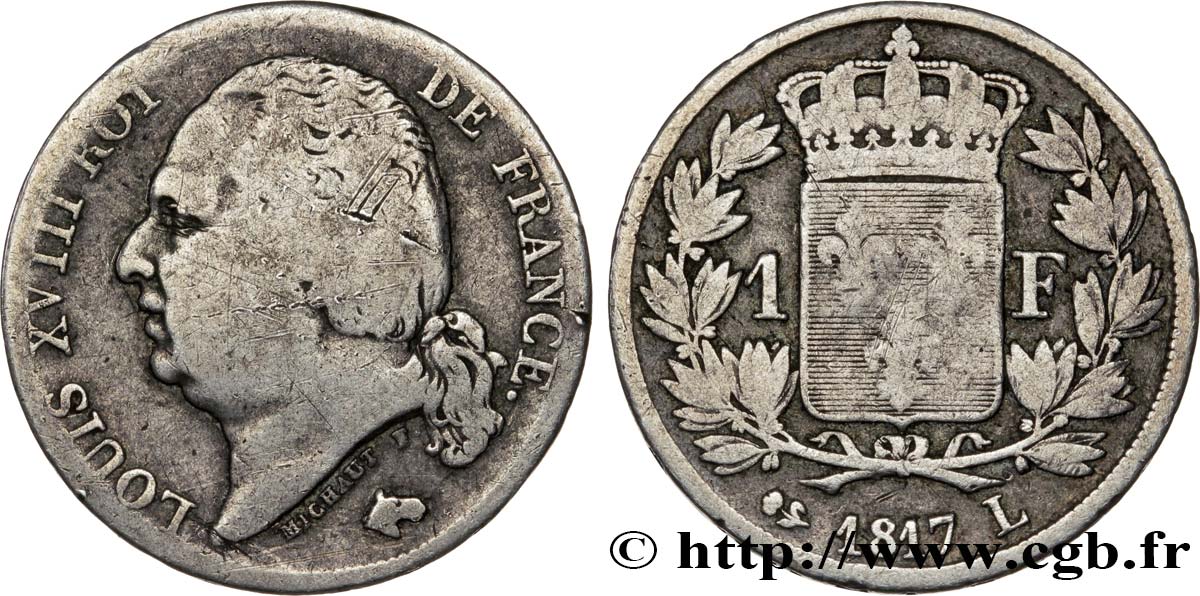 1 franc Louis XVIII 1817 Bayonne F.206/14 TB15 