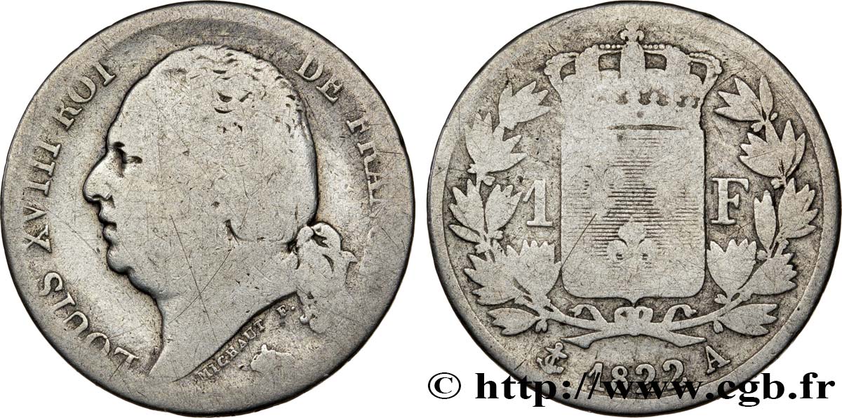 1 franc Louis XVIII 1822 Paris F.206/40 VG8 
