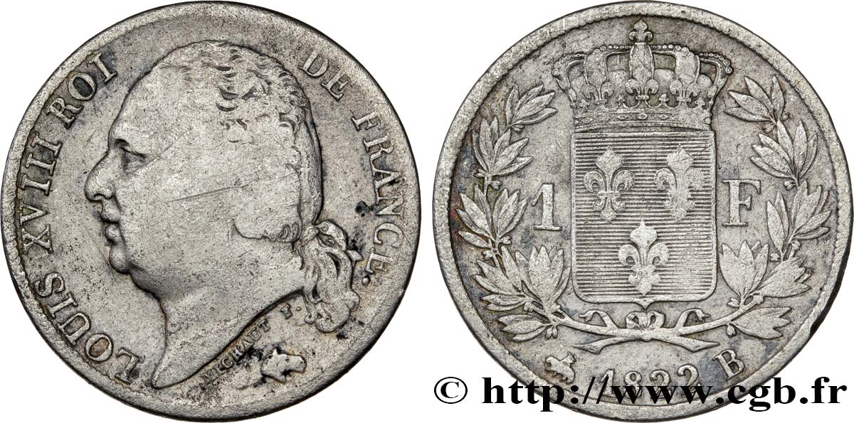 1 franc Louis XVIII 1822 Rouen F.206/41 TB22 