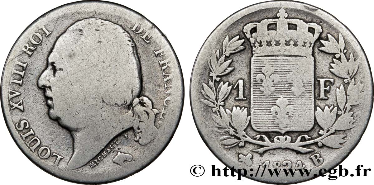 1 franc Louis XVIII 1824 Rouen F.206/57 B12 