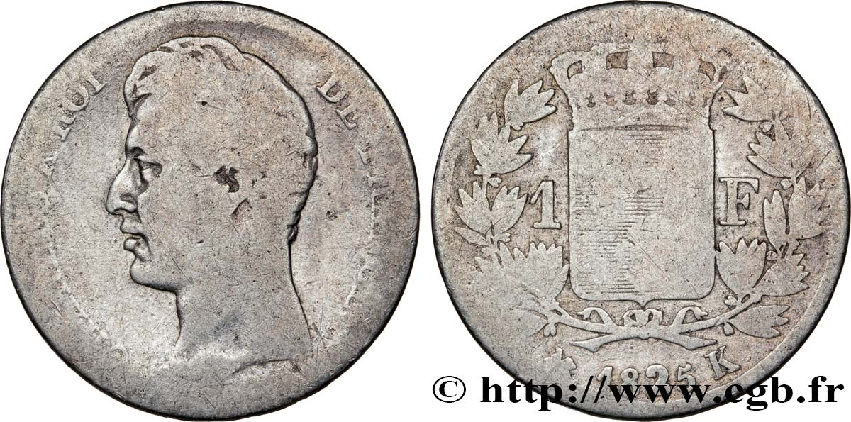 1 franc Charles X, matrice du revers à cinq feuilles 1825 Bordeaux F.207/7 AB4 