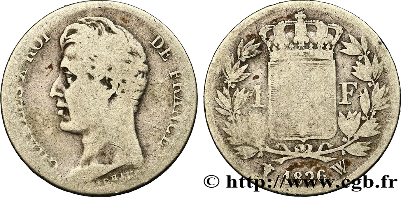 1 franc Charles X, matrice du revers à cinq feuilles 1826 Lille F.207/24 VG8 