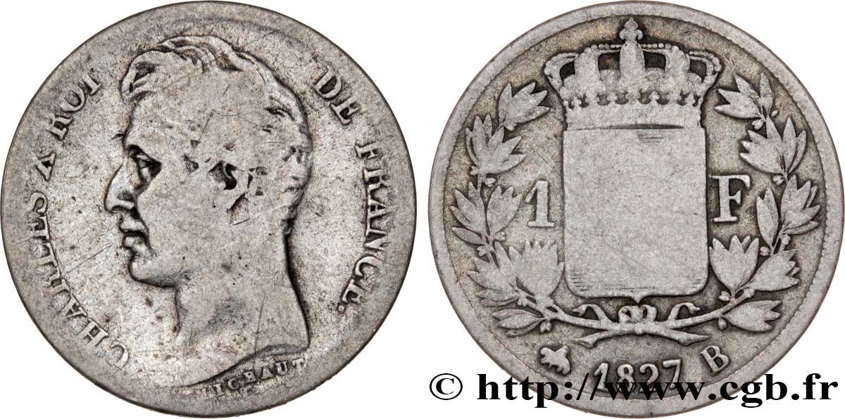 1 franc Charles X, matrice du revers à cinq feuilles 1827 Rouen F.207/26 VG10 