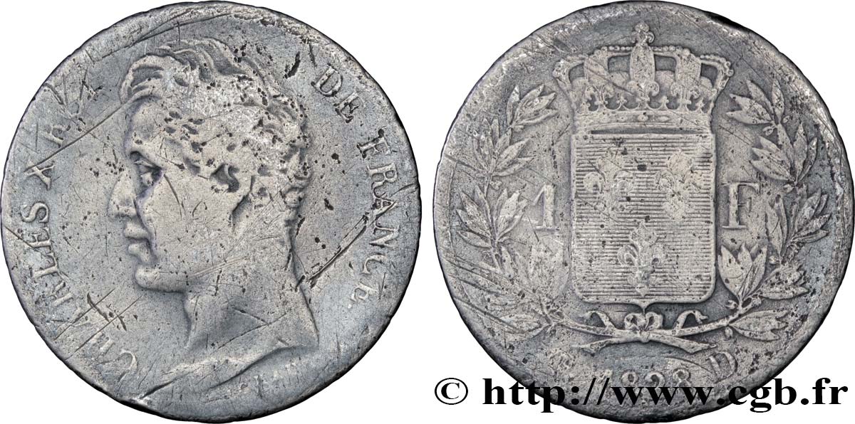 1 franc Charles X, matrice du revers à cinq feuilles 1828 Lyon F.207/40 VG10 