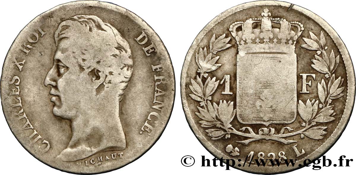 1 franc Charles X, matrice du revers à cinq feuilles 1828 Bayonne F.207/44 SGE10 