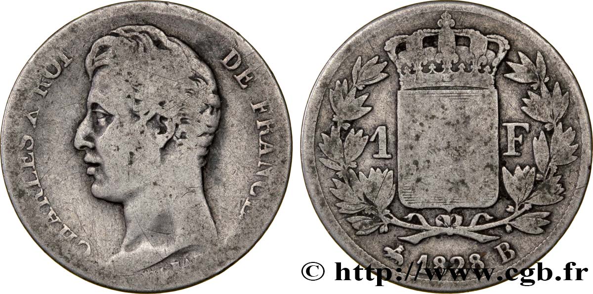 1 franc Charles X, matrice du revers à quatre feuilles 1828 Rouen F.207A/4 SGE13 