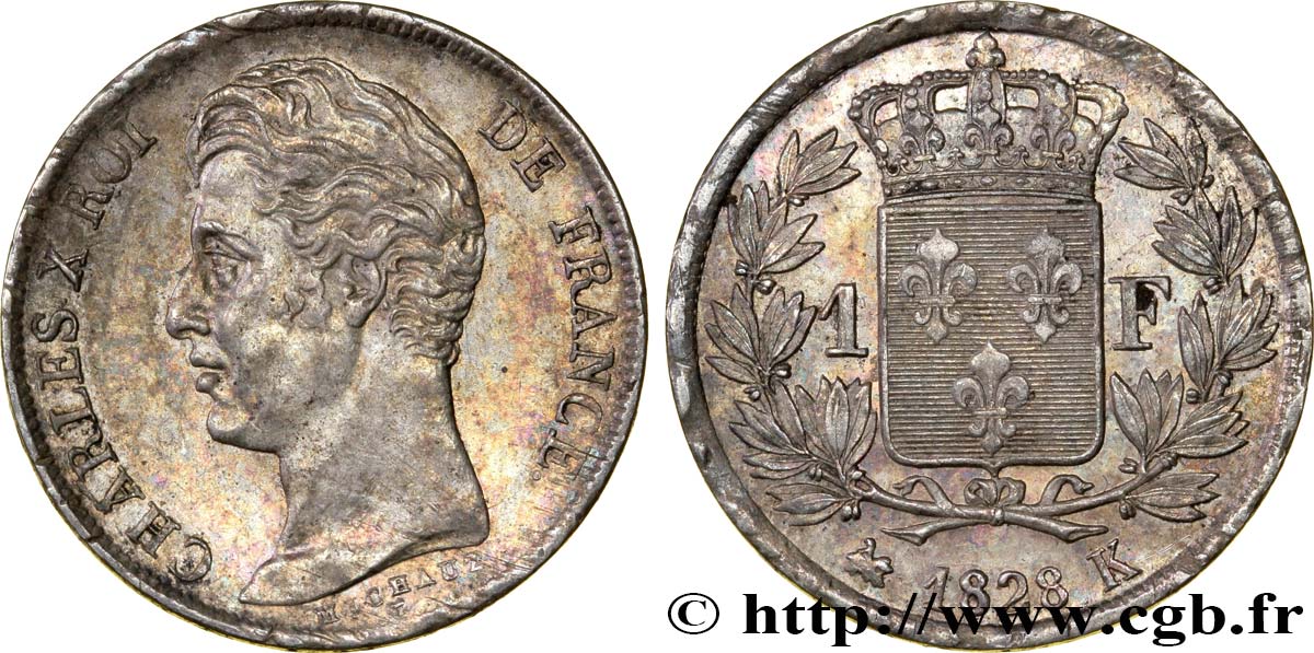 1 franc Charles X, matrice du revers à quatre feuilles 1828 Bordeaux F.207A/7 VZ58 