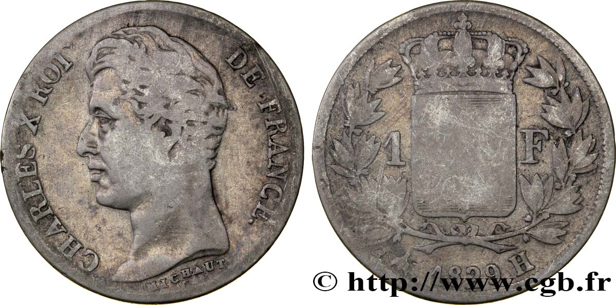 1 franc Charles X, matrice du revers à quatre feuilles 1829 La Rochelle F.207A/17 VG8 