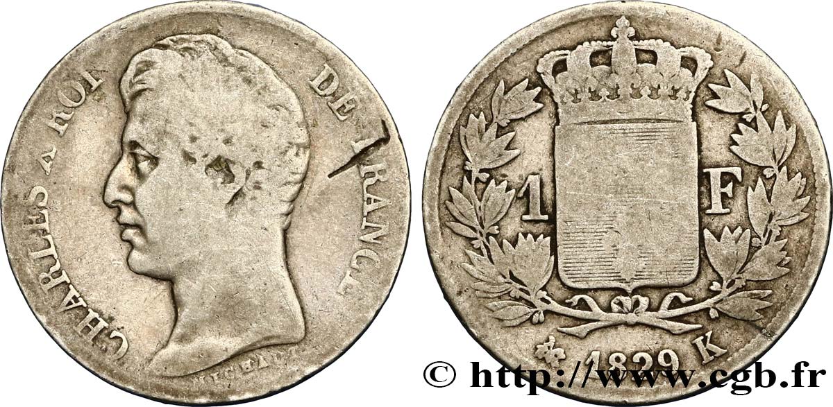 1 franc Charles X, matrice du revers à quatre feuilles 1829 Bordeaux F.207A/19 VG8 