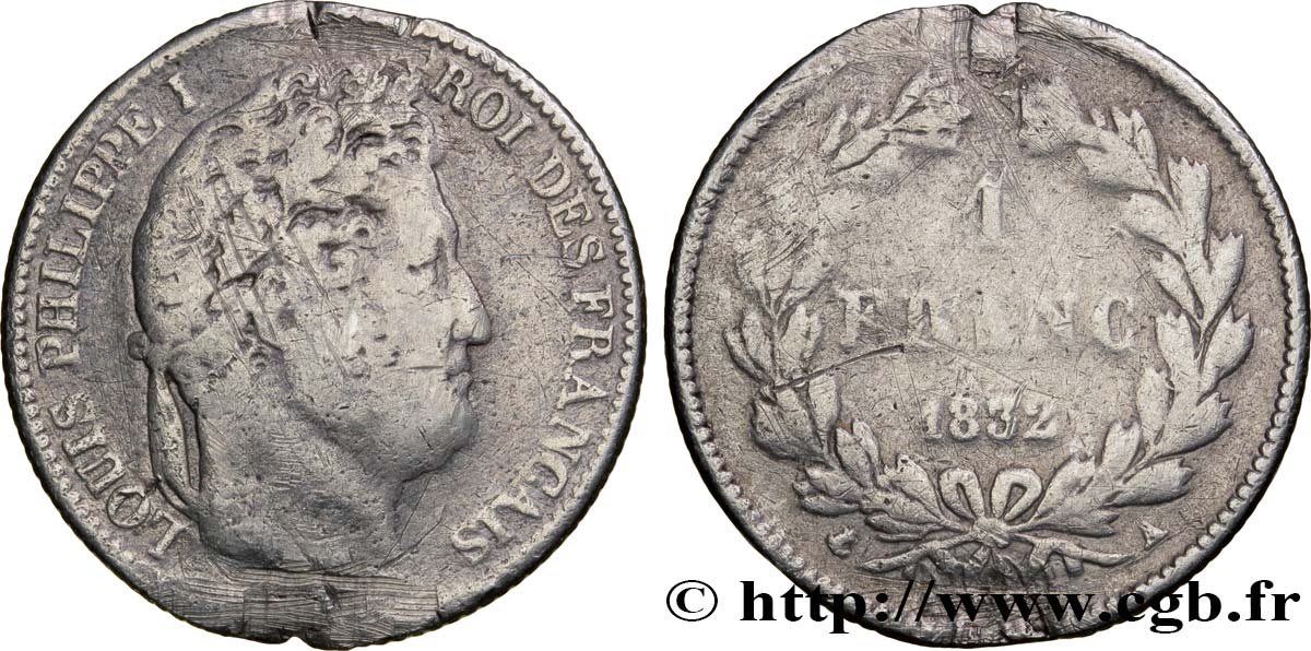 1 franc Louis-Philippe, couronne de chêne 1832 Paris F.210/1 TB