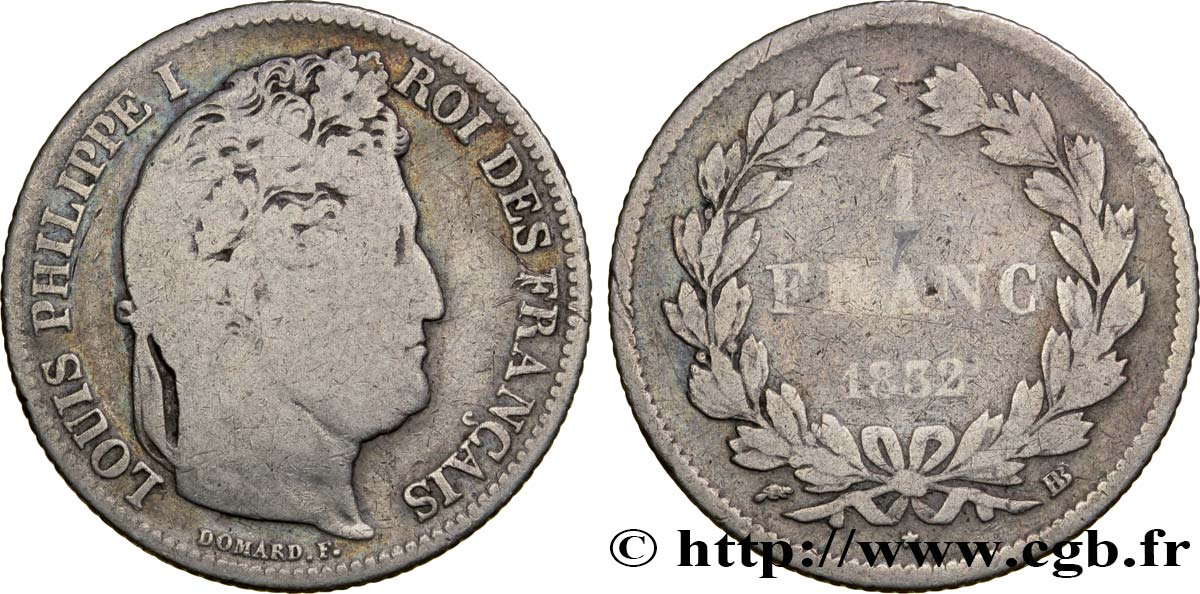 1 franc Louis-Philippe, couronne de chêne 1832 Strasbourg F.210/3 VG8 