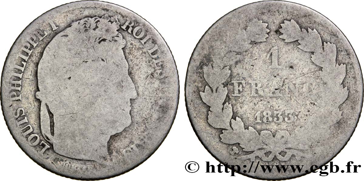 1 franc Louis-Philippe, couronne de chêne 1833 Marseille F.210/23 AB5 